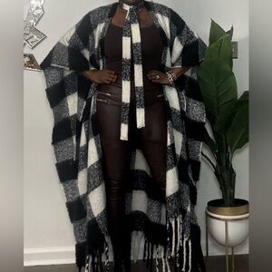 Akira Black and White Checkered Poncho with Fringe